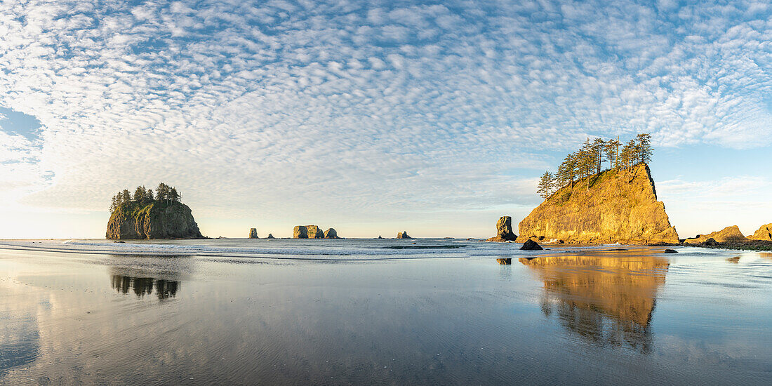 Sea stacks and reflection on low tide at Second Beach, La Push, Clallam county, Washigton State, USA.