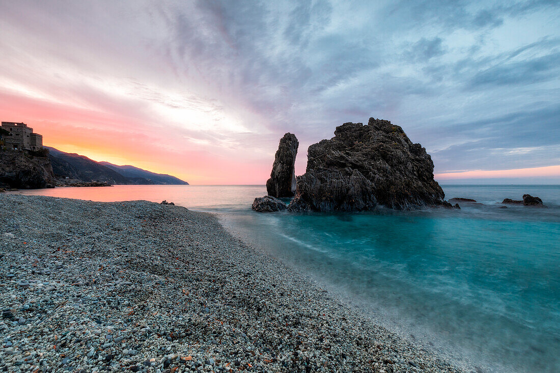 Sunrise on the beach of Monterosso al Mare, Cinque Terre National Park, municipality of Monterosso al Mare, La Spezia province, Liguria district, Italy, Europe