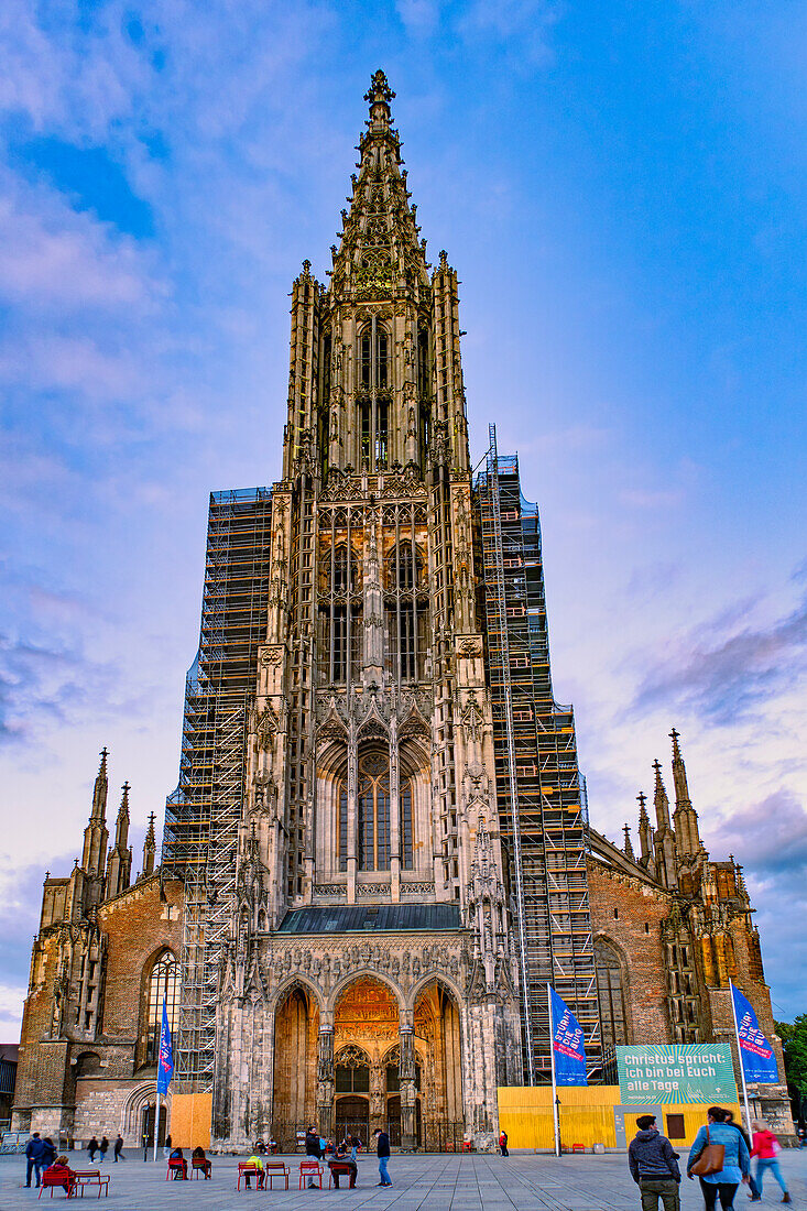 Touristen bewundern das Ulmer Münster, eine kunstvolle evangelische Kirche im gotischen Stil mit dem höchsten Glockenturm der Welt, in der Abenddämmerung. Ulm, Tübingen, Region Donau-Iller, Deutschland, Europa