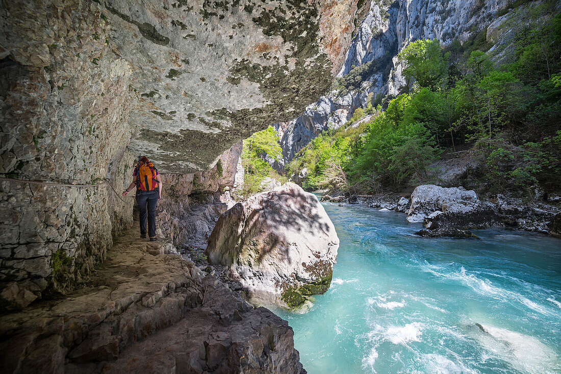 The Imbut Trial: a girl is walking in the Verdon Gorge (Var department, Provence-Alpes-Côte d'Azur, France, Europe) (MR)