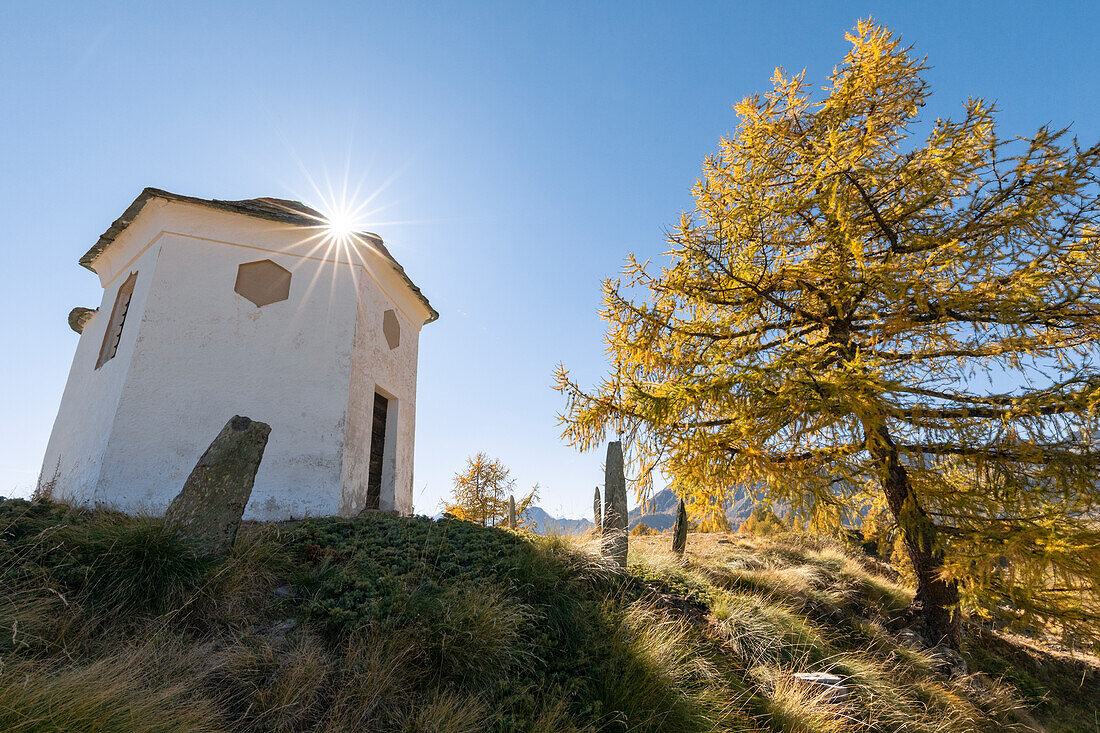Das Oratorium von Gilliarey im Herbst (Torgnon, Valtournenche Tal, Provinz Aosta, Aostatal, Italien, Europa)