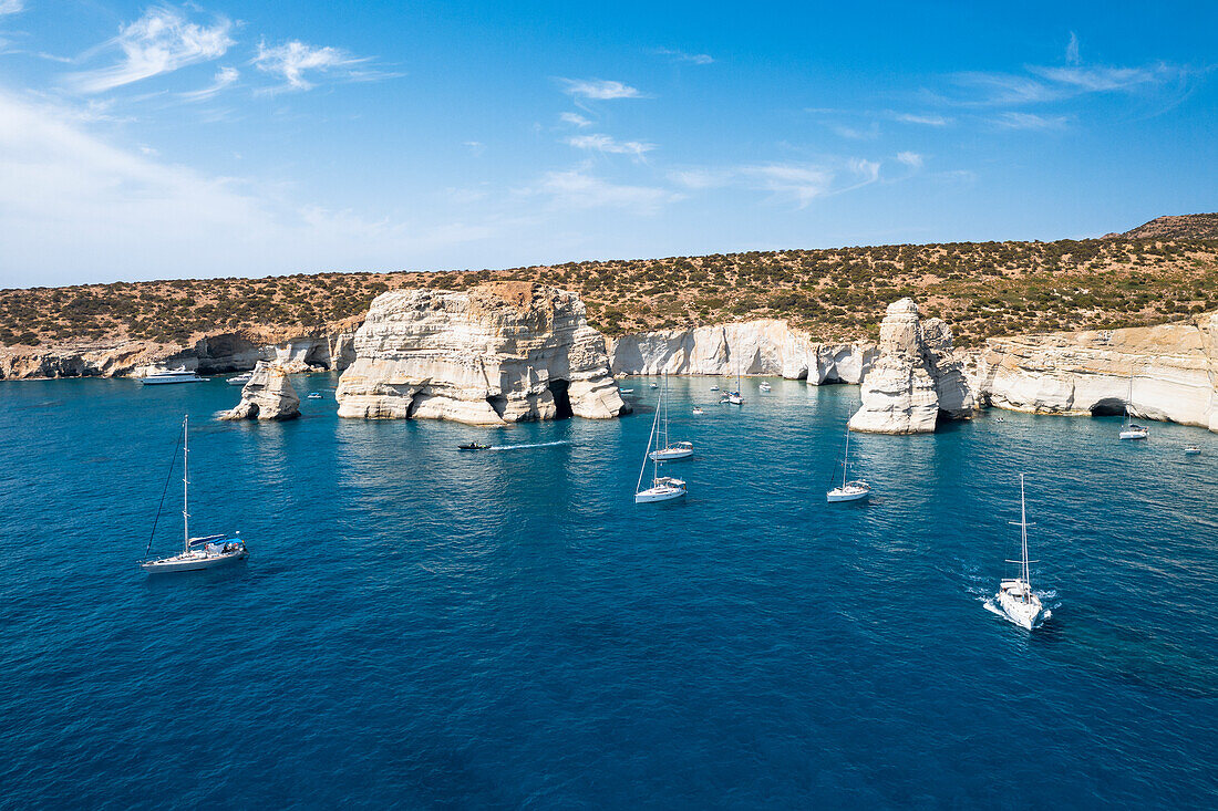 Aerial view of Kleftiko (Plaka, Milos Island, Cyclades Islands, Greece, Europe)