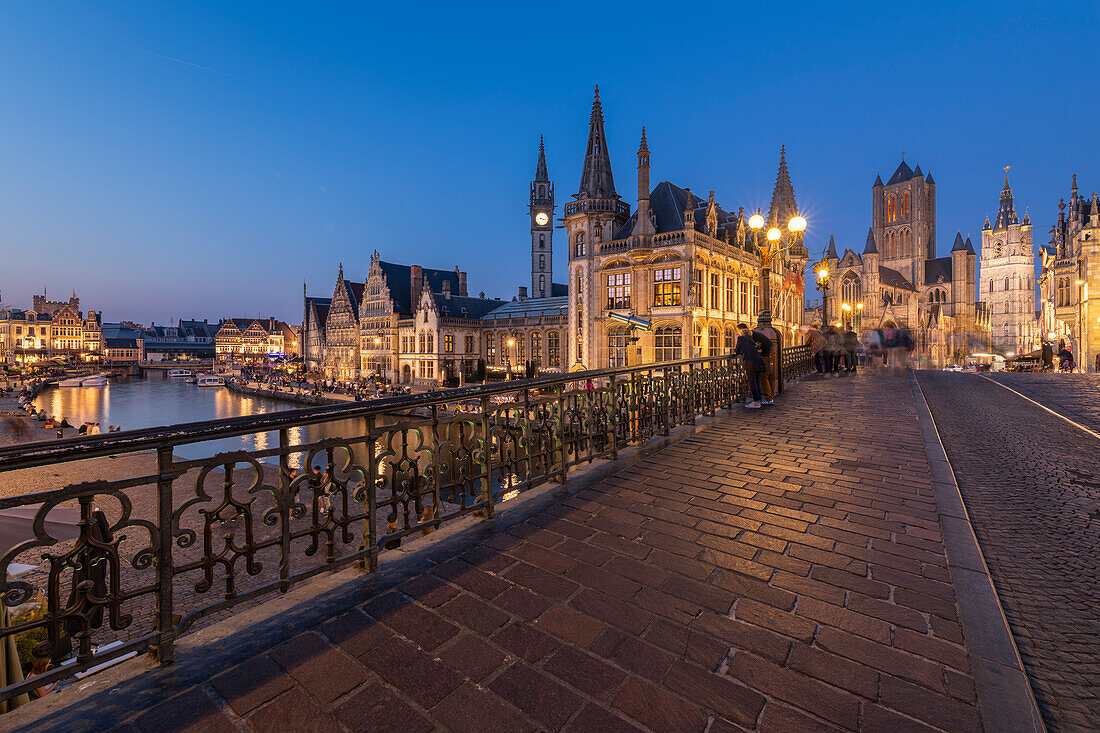 Graslei from the St Michael's Bridge (Ghent, East Flanders, Flemish Region, Belgium, Europe)