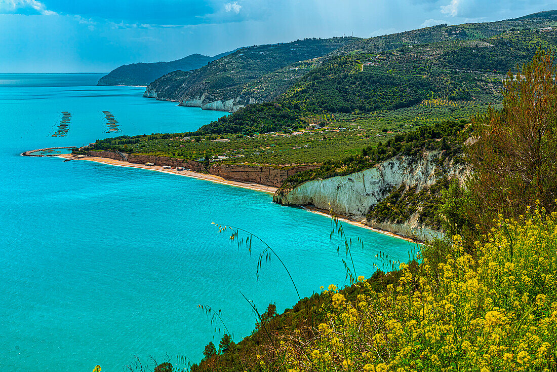 The Mattinatella bay of black stones in the Gargano National Park. Mattinata, Foggia province, Puglia, Italy, Europe