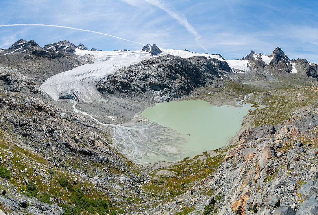 The Rutor glacier and the glacier alpin lake in a mountain landscape. Deffeyes refuge, La Thuile, Aosta Valley, Italy, Alps, Europe.