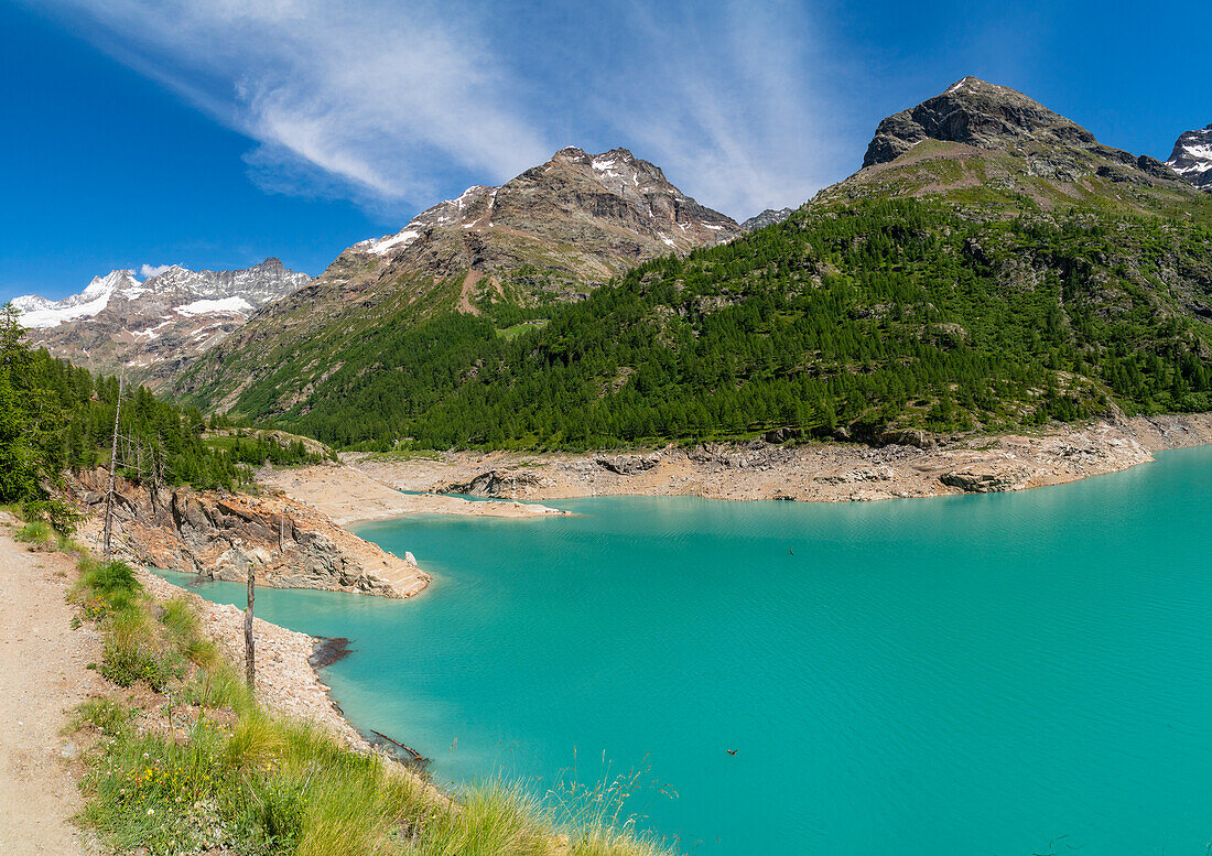 Lac de Place Moulin during summer with Valpelline mountains in the background. Valpelline valley, Bionaz, Aosta Valley, Alps, Italy, Europe.