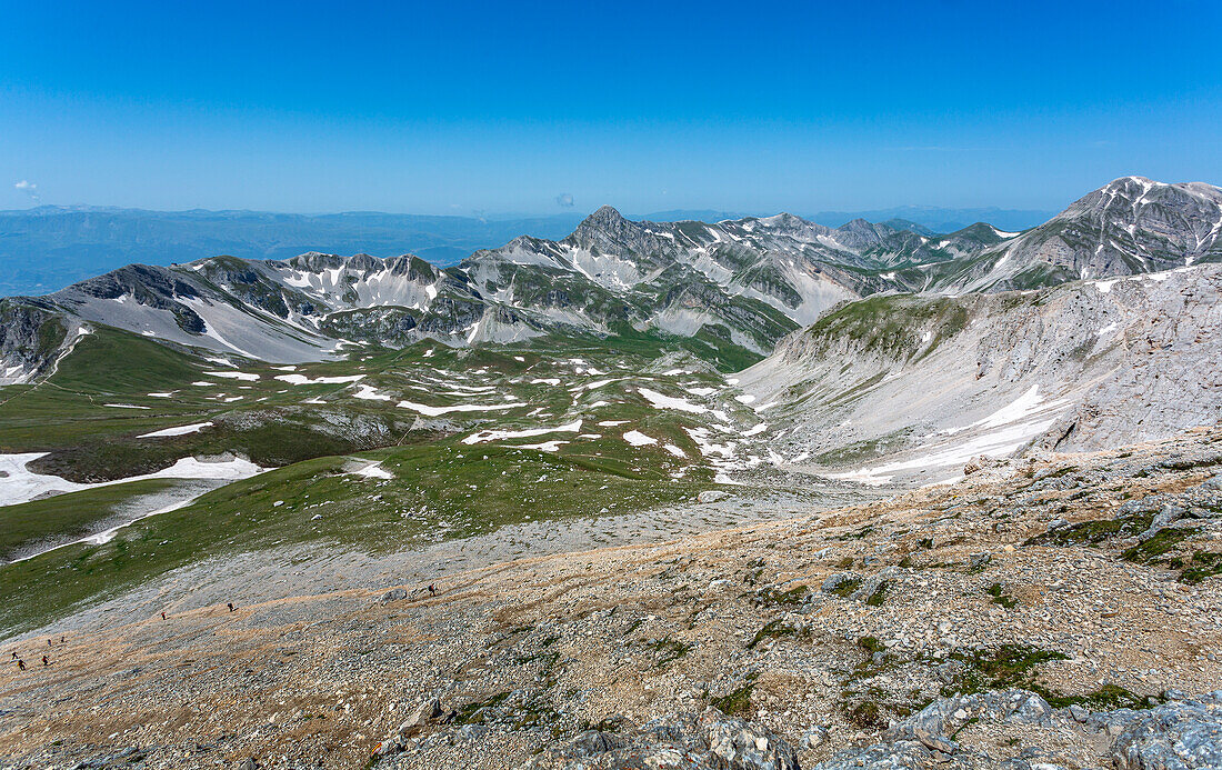 Campo Pericoli and Pizzo Intermesoli climbing up to Corno Grande. Gran Sasso mountain range, Gran Sasso and Monti della Laga National Park. Abruzzo, Italy, Europe