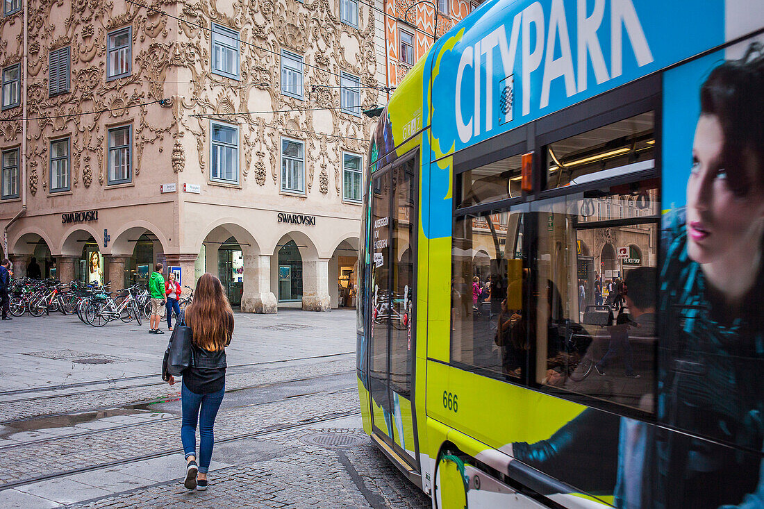 Tram, Hauptplatz, in background Luegg House, Graz, Austria