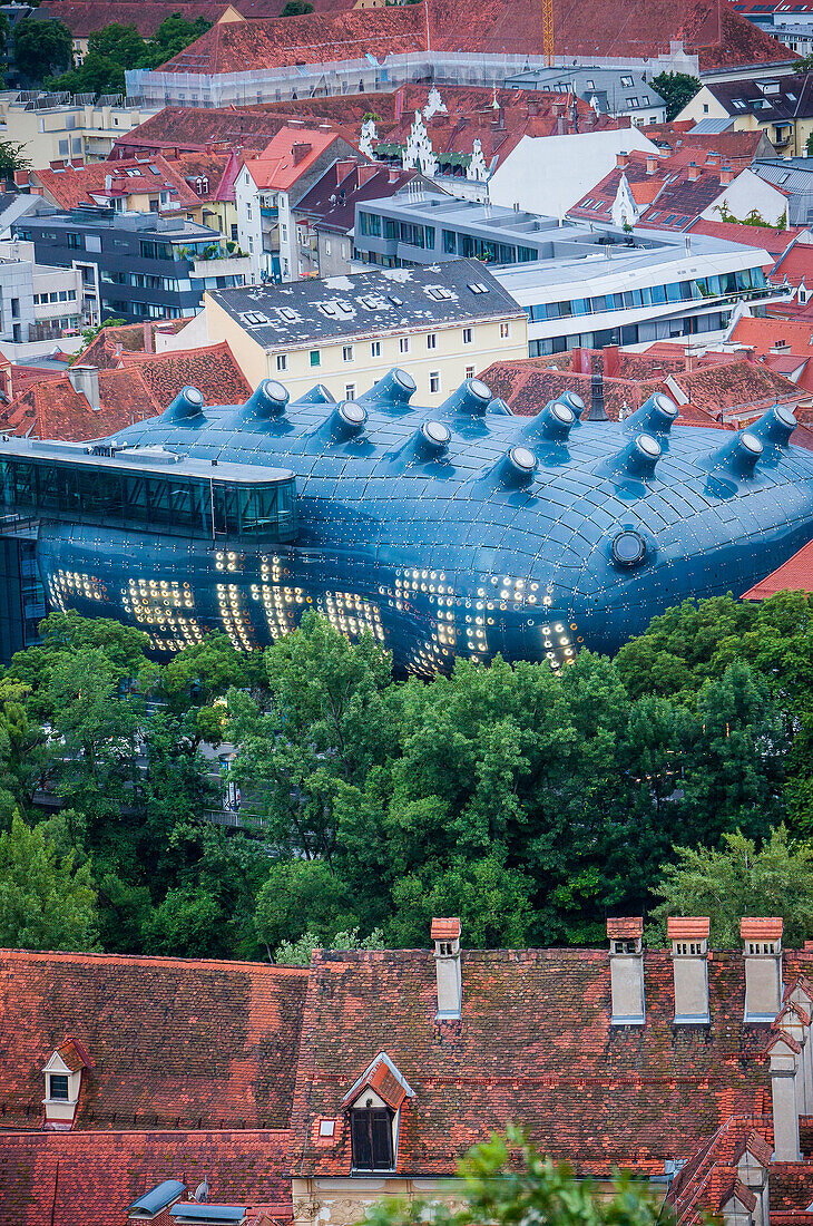 Roofs of the city and Kunsthaus, Graz Art Museum, view from Schlossberg, castle mountain, Graz, Austria