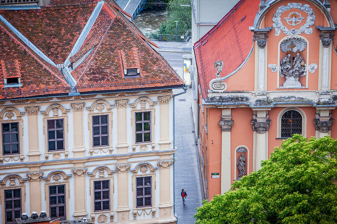 Aerial view, at right facade of Dreifaltigkeitskirche or Holy Trinity church, Graz, Austria