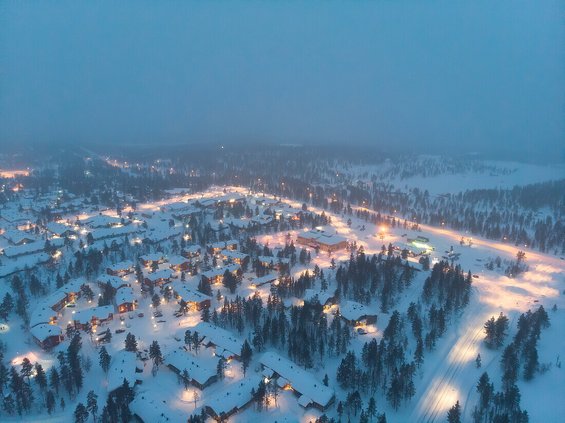 Europe, Finland, Saariselka, Aerial view of the town by night