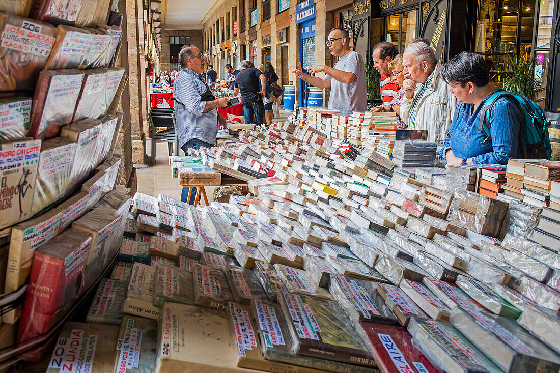 Second hand book store, Sunday market, Plaza Nueva, Bilbao, Biscay, Basque Country, Spain