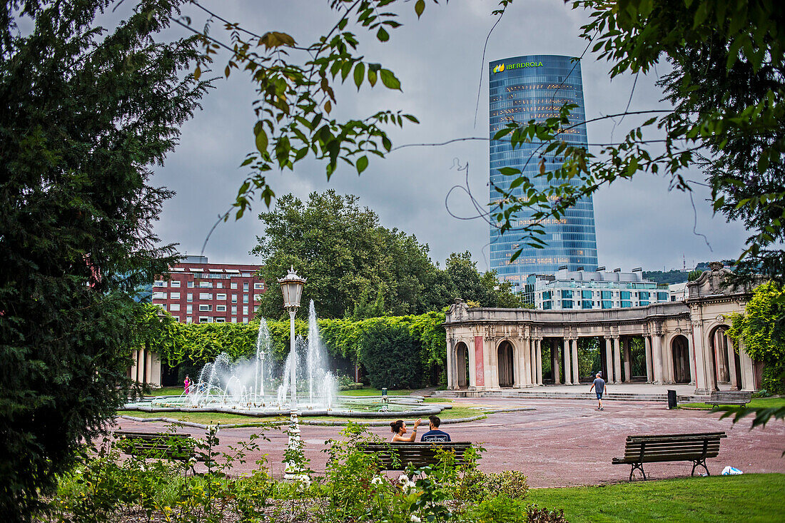 Doña Casilda de Iturrizar park, in background Iberdrola tower, Bilbao, Basque Country, Spain