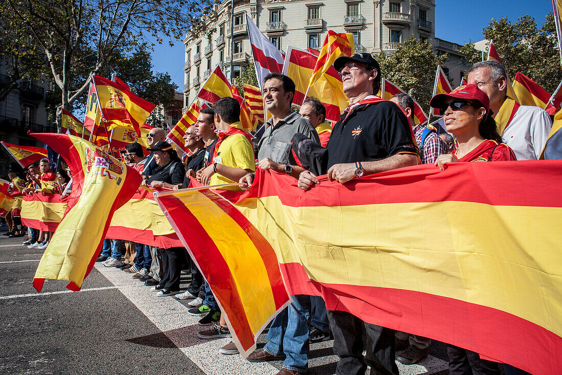 Katalanische Unabhängigkeitsgegner tragen spanische und katalanische Fahnen während einer Demonstration für die Einheit Spaniens anlässlich des spanischen Nationalfeiertags am Passeig de Gracia, Barcelona, 12. Oktober 2014, Spanien