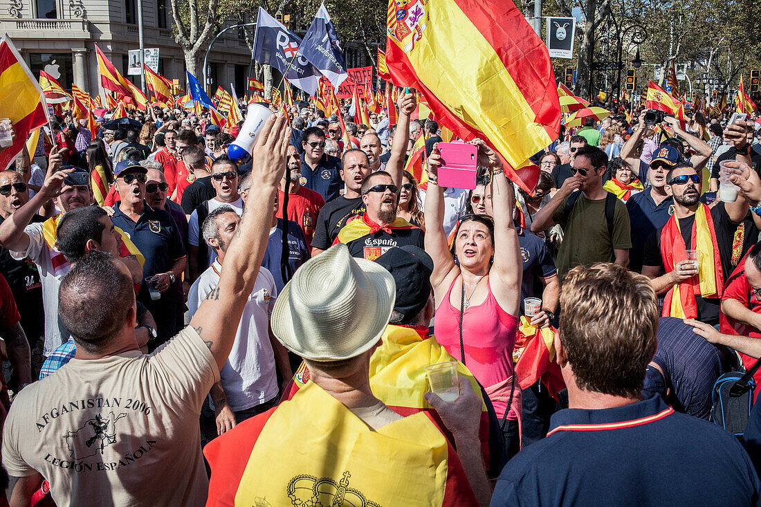 Katalanische Unabhängigkeitsgegner tragen spanische Fahnen während einer Demonstration für die Einheit Spaniens anlässlich des spanischen Nationalfeiertags auf dem Catalunya-Platz in Barcelona am 12. Oktober 2014