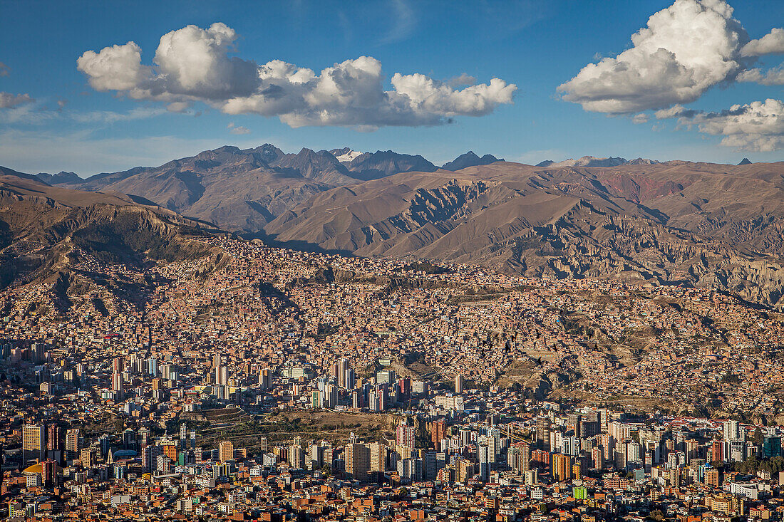 Panoramic view of the city, in background Los Andes mountains, La Paz, Bolivia