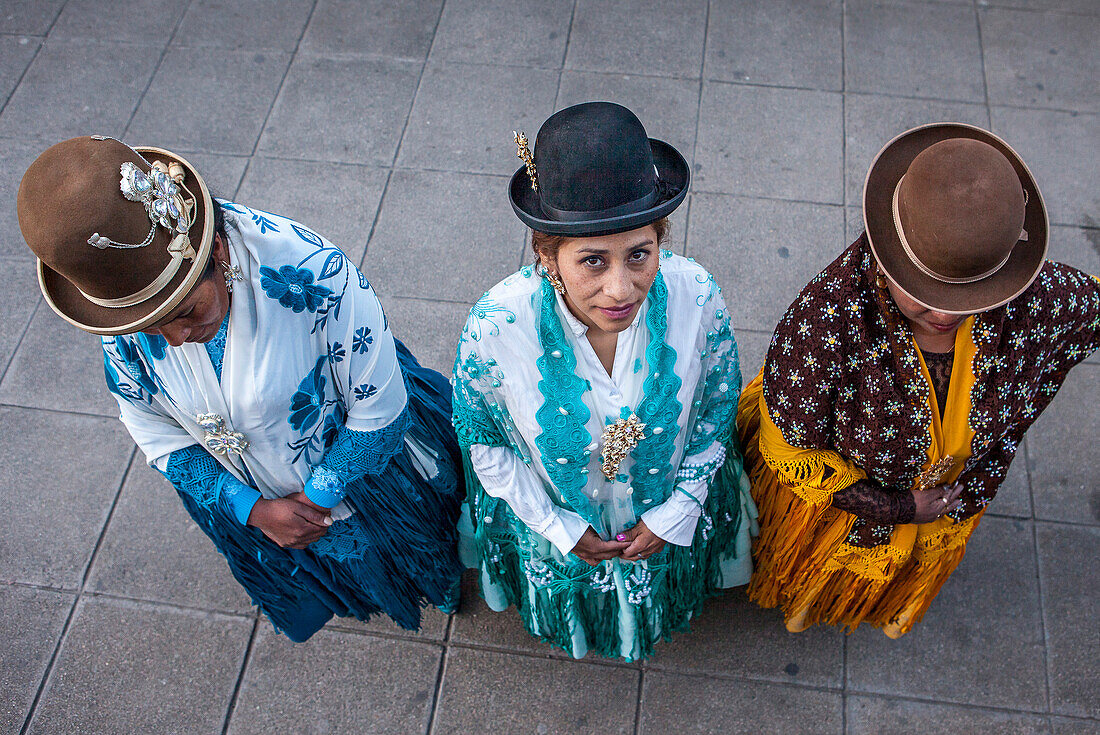 At left Dina , in the middle Benita la Intocable, at right Angela la Folclorista, cholitas females wrestlers, El Alto, La Paz, Bolivia