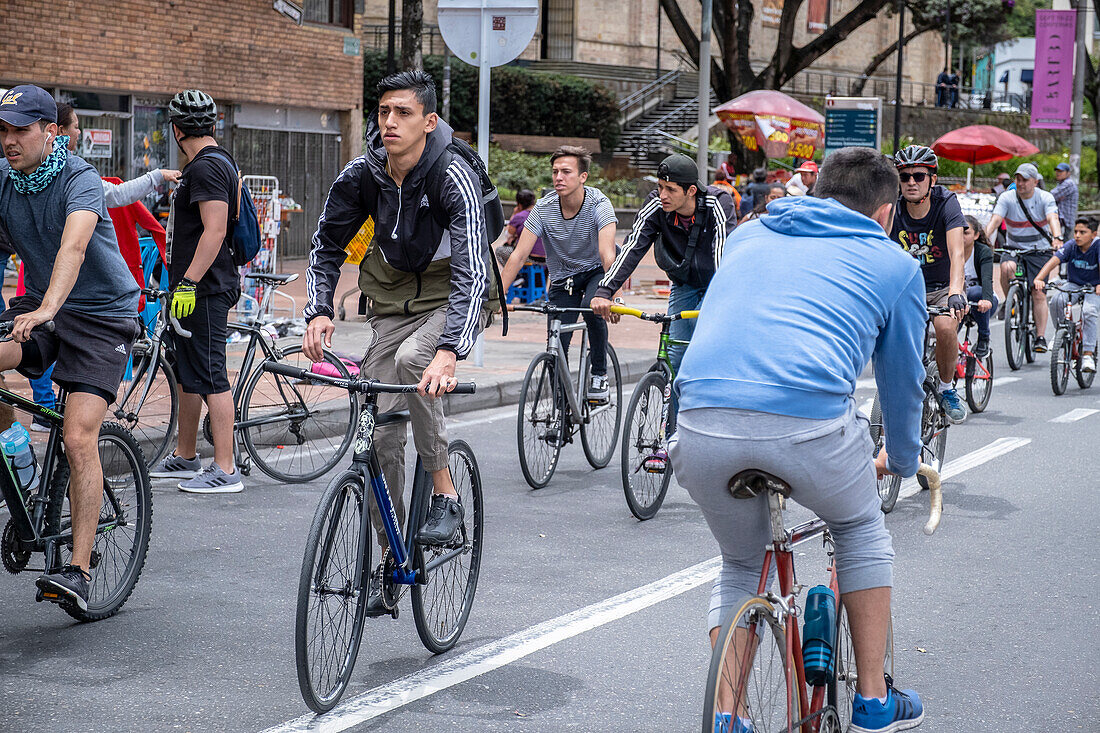 Ciclovia in Carrera 7 or Carrera séptima. Every sunday occurs the closure of the main trunk roads to motor vehicles from 7am to 2pm. Only cyclists and pedestrians permitted, Bogotá, Colombia