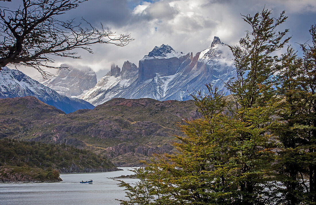 Boat crossing Grey Lake, Torres del Paine national park, Patagonia, Chile