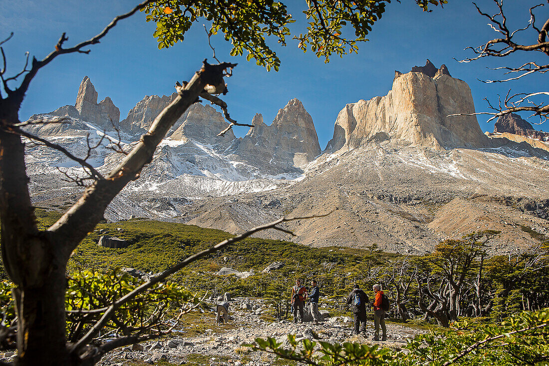 Hikers in Valle del Francés, near Mirador Británico, Torres del Paine national park, Patagonia, Chile
