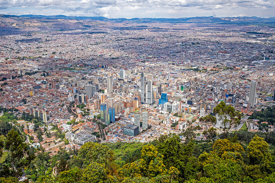 Skyline, downtown, from Montserrate hill or cerro de Montserrate, Bogota, Colombia