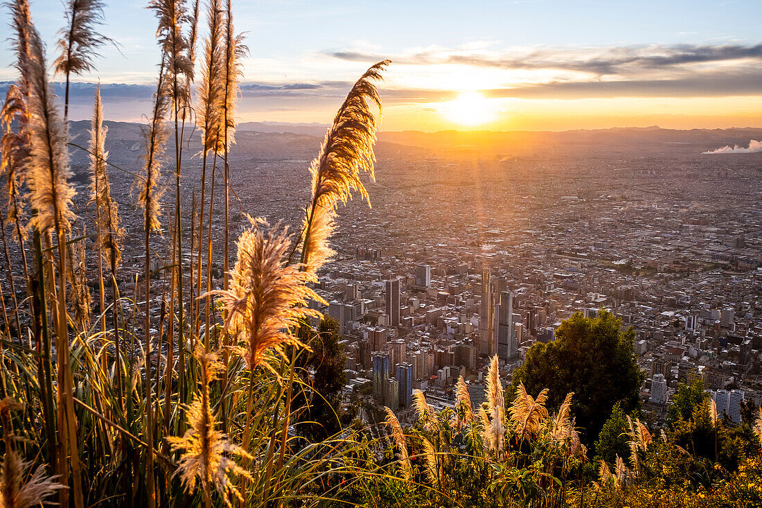 Skyline, downtown, from Montserrate hill or cerro de Montserrate, Bogota, Colombia