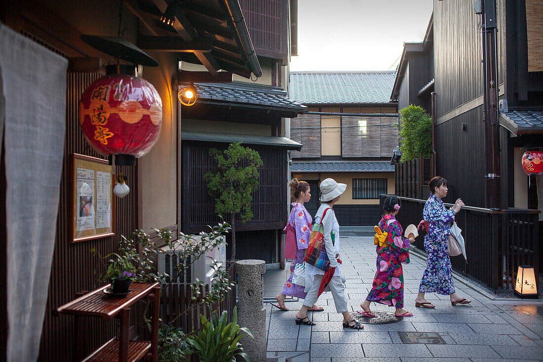 persons wearing kimono.Geisha's distric of Gion.Kyoto. Kansai, Japan.