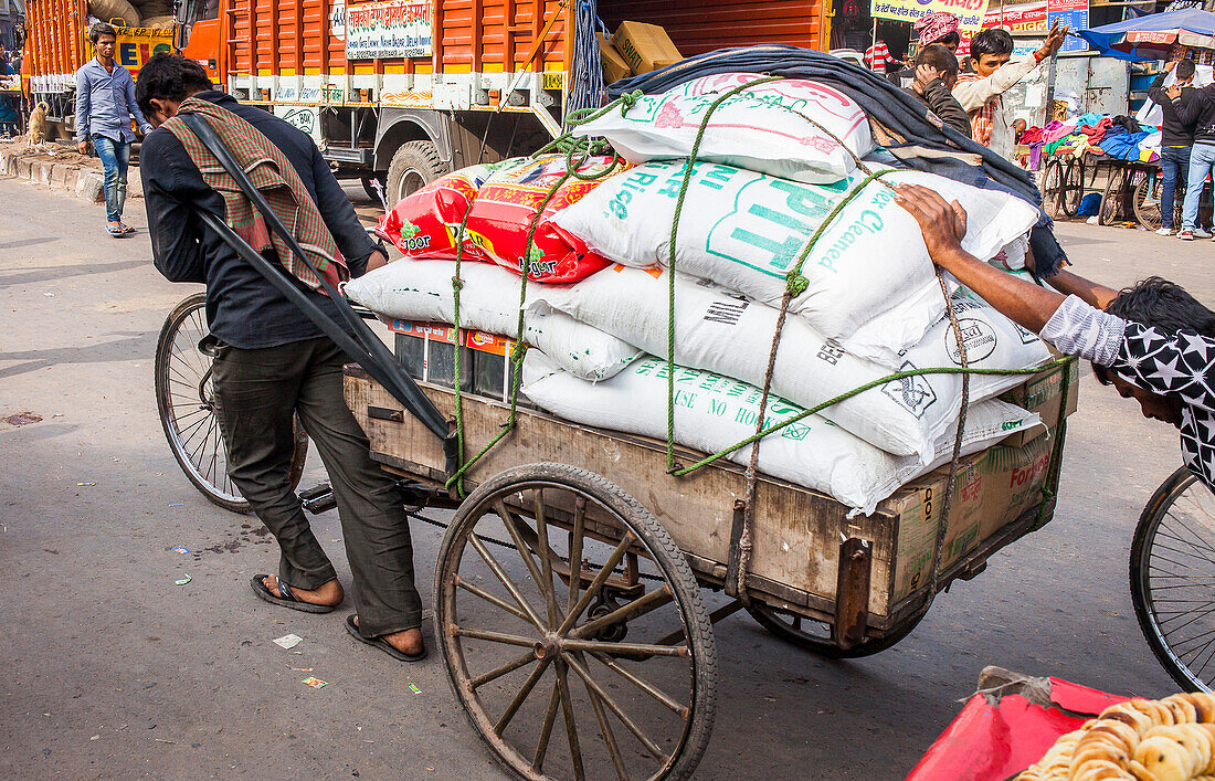 Spediteure beim Verteilen der Waren auf dem Markt, Chandni Chowk, Alt-Delhi, Indien