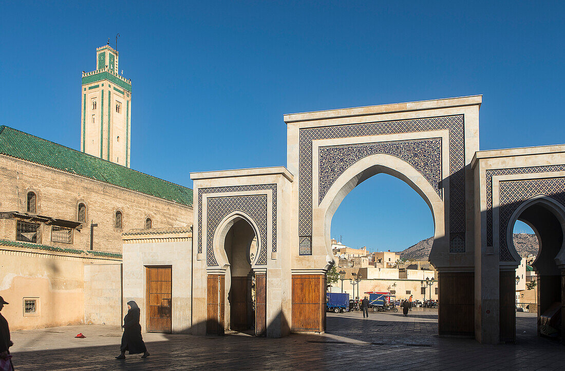 Bab R'Cif gate and Mosque R'Cif, in R'Cif Square, gateway to andalusian quarter, medina,Fez, Morocco.
