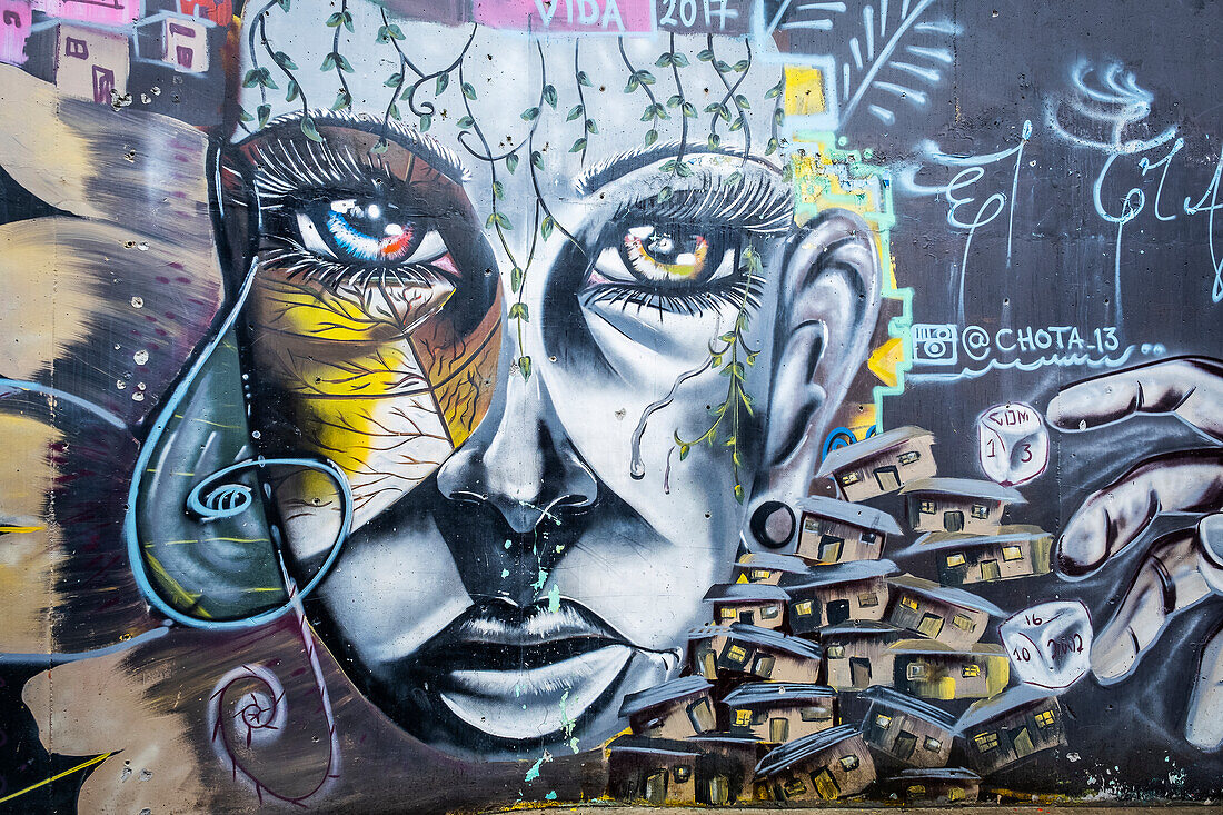 Operation Orion" von Chota, Straßenkunst, Wandmalerei, Graffiti, Comuna 13, Medellín, Kolumbien