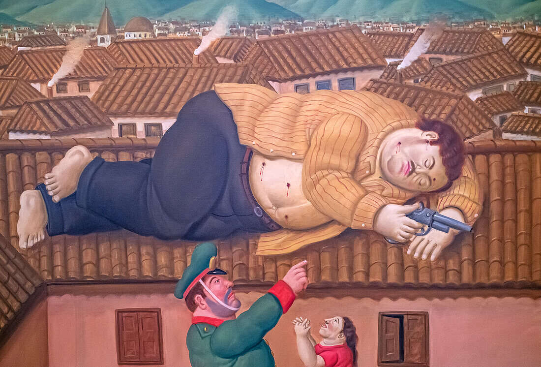 Pablo Escobar tot" oder "Pablo Escobar muerto". Gemälde von Fernando Botero, Antioquia Museum, Museo de Antioquia, Medellín, Kolumbien