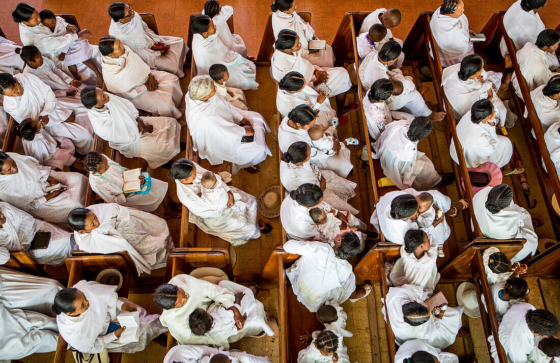 Followers of the Christian sect of Fifohazana, sunday mass, Soatanana village, Madagascar
