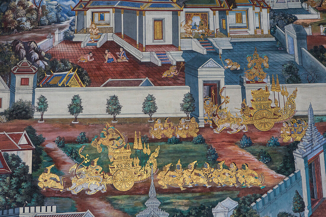 Gemälde im Tempel des Smaragdbuddhas Wat Phra Kaeo, Großer Palast, Bangkok, Thailand