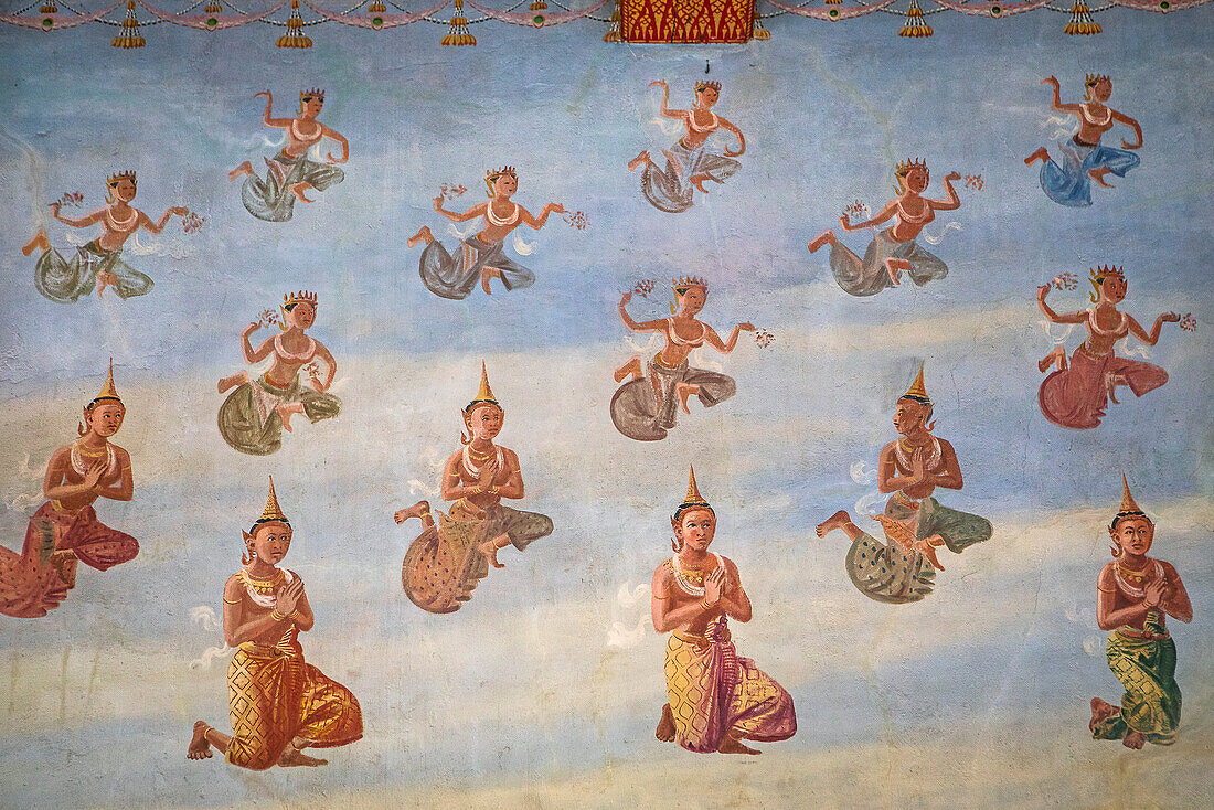 Detail, wall paintings, in wat suwan dararam temple, Ayutthaya, Thailand