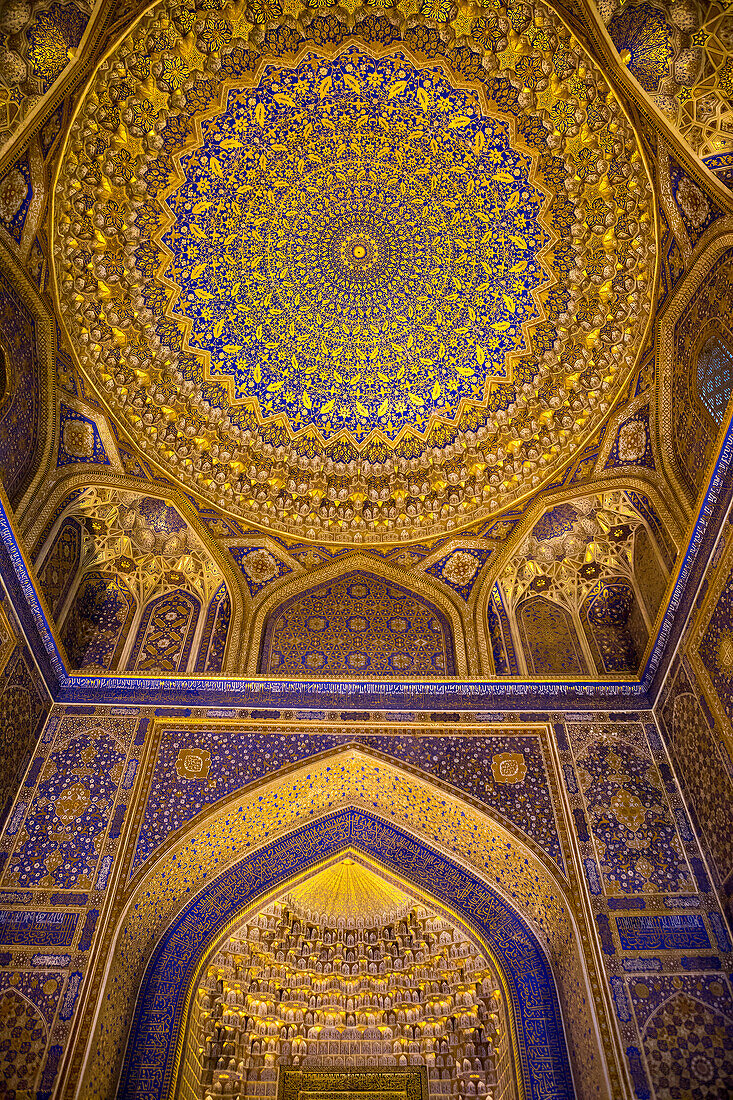 Ceiling of mosque, in Tilla-Kari Madrasa, Registan, Samarkand, Uzbekistan