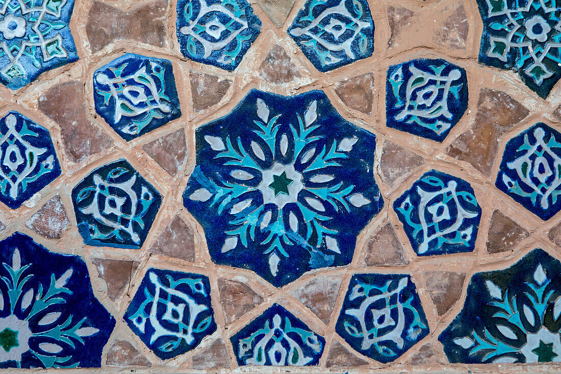 Detail, ornamentation of courtyard, Ulugbek Medressa, Registan, Samarkand, Uzbekistan