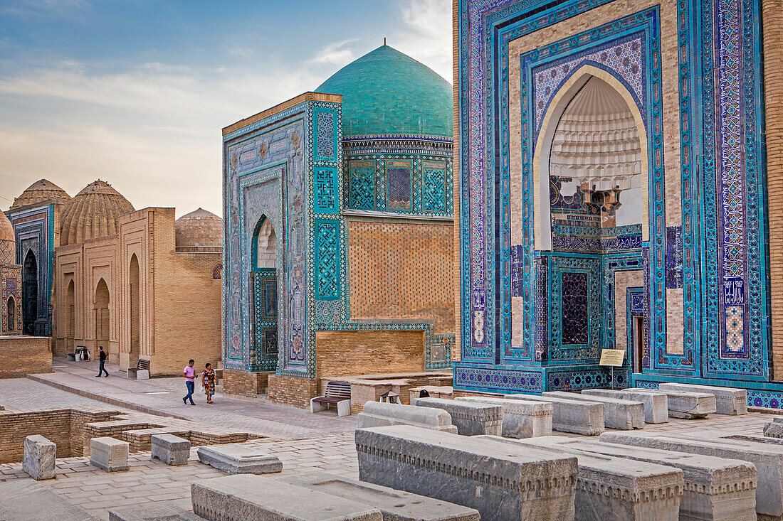 At right Ulugh Sultan Begim mausoleum, in the middle Ustad Ali mausoleum, and at left Shad-i-Mulk Aqa mausoleum , Shah-i-Zinda complex, Samarkand, Uzbekistan