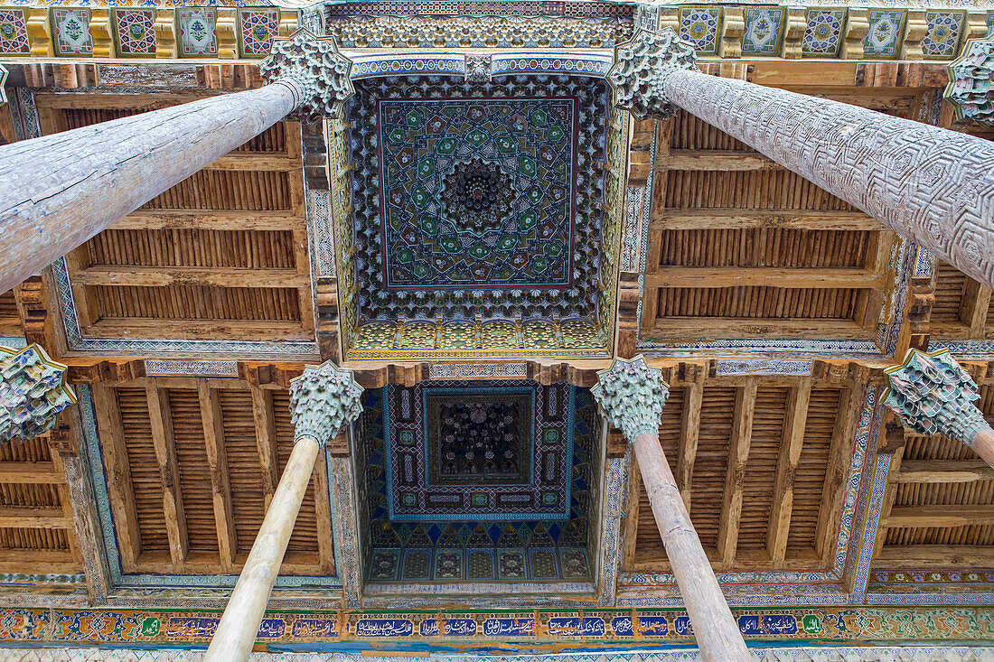 Detail of Wooden carved and painted ceiling, in Bolo Hauz Mosque, Bukhara, Uzbekistan