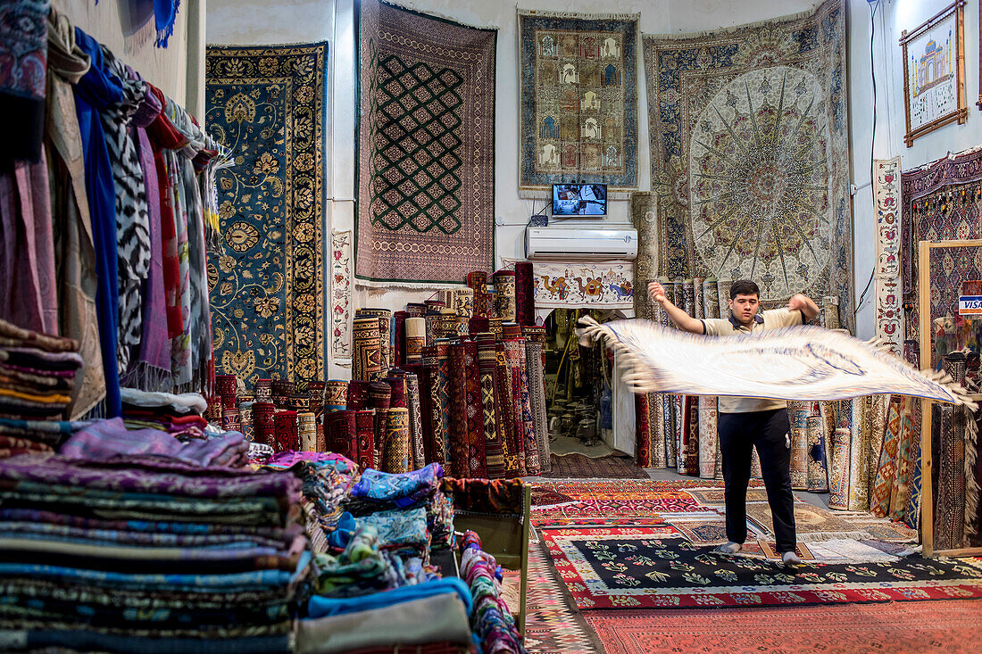 Carpet shop, in Taki Zargaron bazaar, Bukhara, Uzbekistan