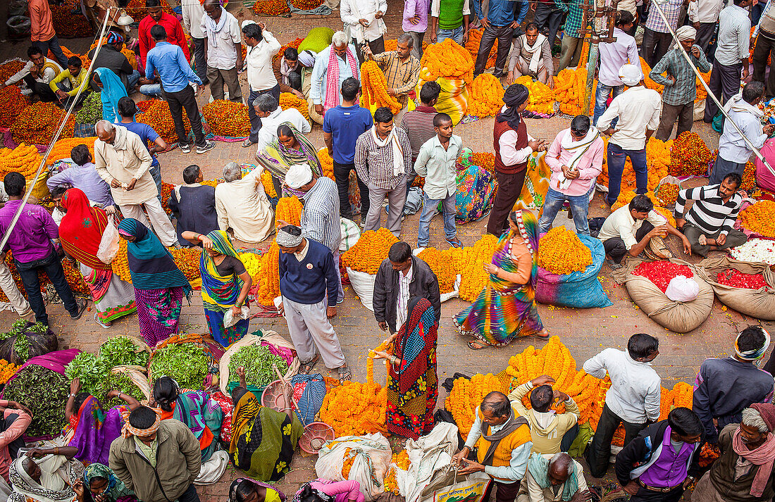 Der Blumenmarkt, Varanasi, Uttar Pradesh, Indien