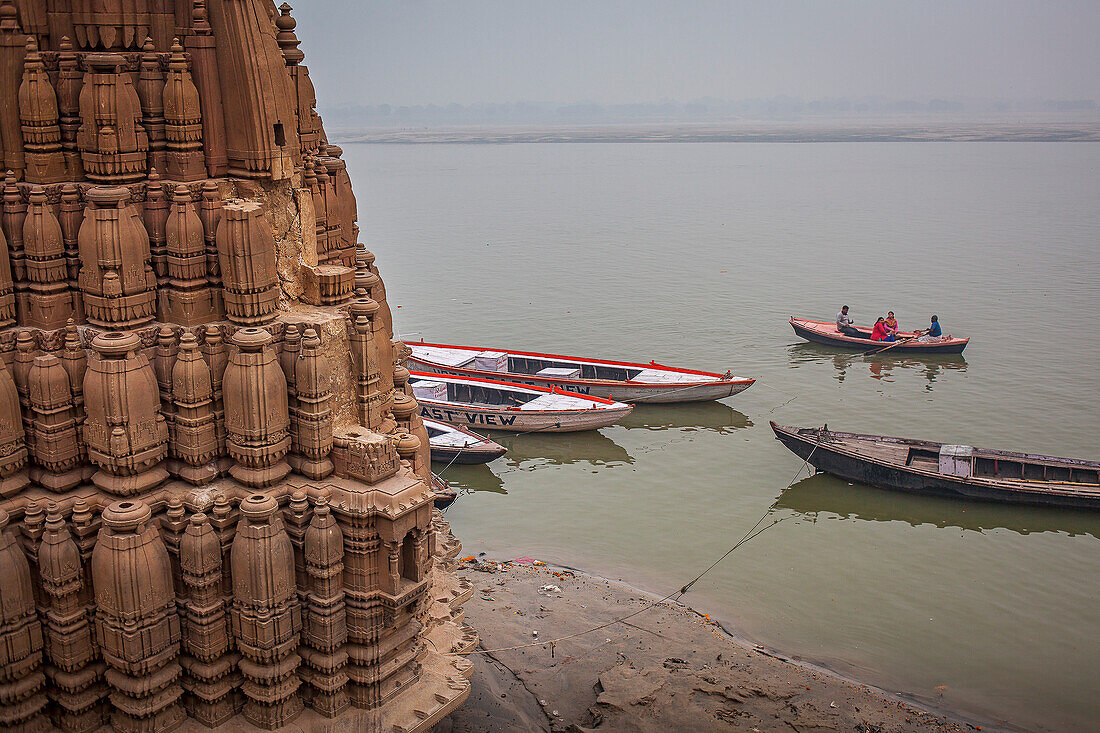 View of Ganges river from Scindia Ghat, at left Temple of Shiva (Ratneshwar mahadev), Varanasi, Uttar Pradesh, India.