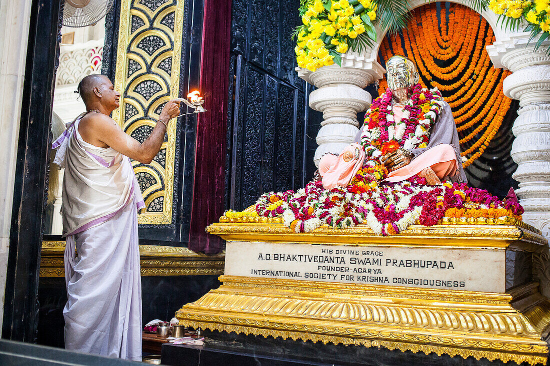 Praying, statue of A. C. Bhakivedanta Swami Prabhupada the founder of hare Krishna movement, in ISKCON temple, Sri Krishna Balaram Mandir,Vrindavan,Mathura, Uttar Pradesh, India