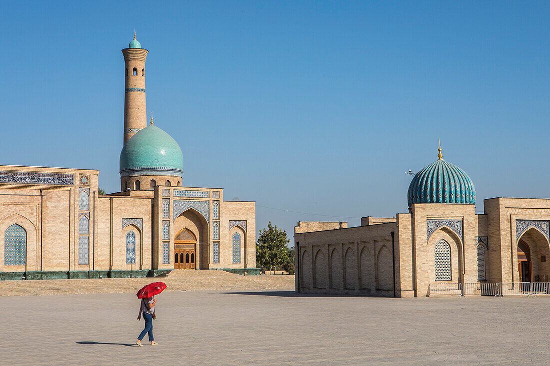 At left Hazroti Imom Friday Mosque and at right Moyie Mubarek Library Museum, Tashkent, Uzbekistan