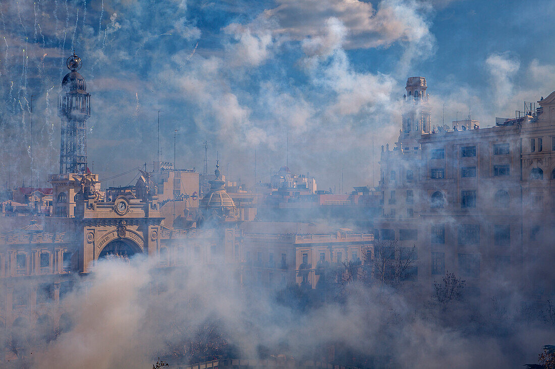 `Mascleta´ firecrackers in Plaza del Ayuntamiento,Fallas festival,Valencia,Spain