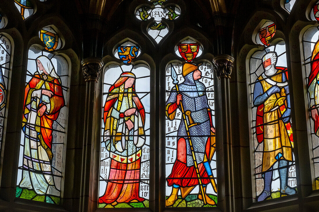 Cardiff Castle, stained glass window, in Banquet Hall, Cardiff, Wales