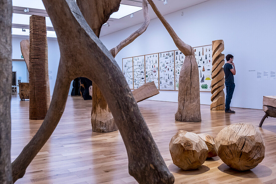 Sculptures, exhibition by David Nash, National Museum of Wales, Cardiff, Wales