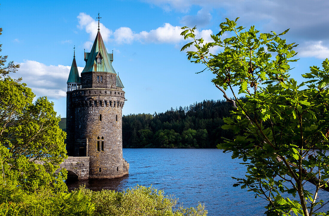 Straining tower, in Lake Vyrnwy, in the middle of the Berwyn mountain range, Powys, Wales