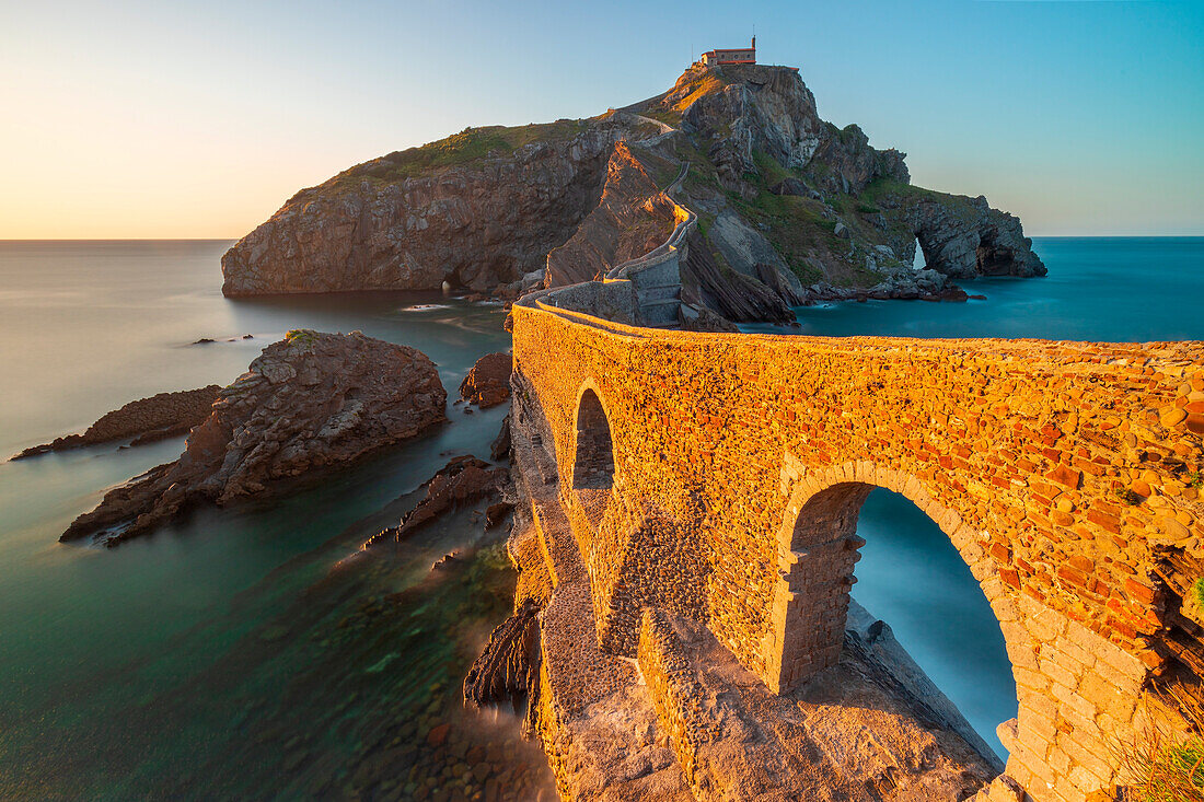 Gaztelugatxe at sunset during summer, Bermeo, Bizkaia, Basque Country, Biscay Gulf, Spain, Western Europe