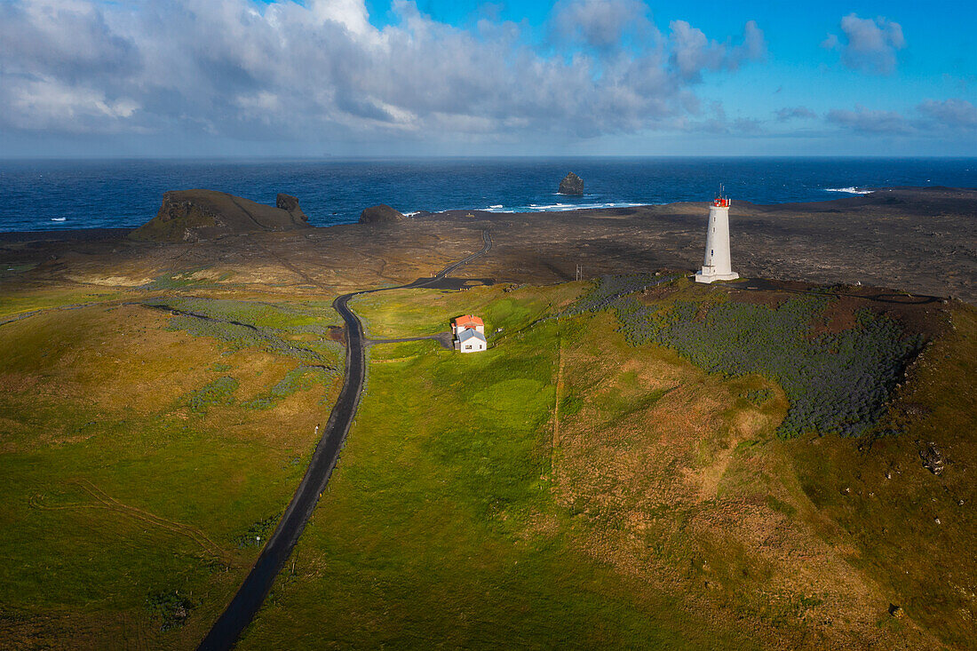 Aerial view of Reykjanesviti lighthouse at sunrise during summer, Grindavik, Reykjanes peninsula, Iceland, Northern Europe