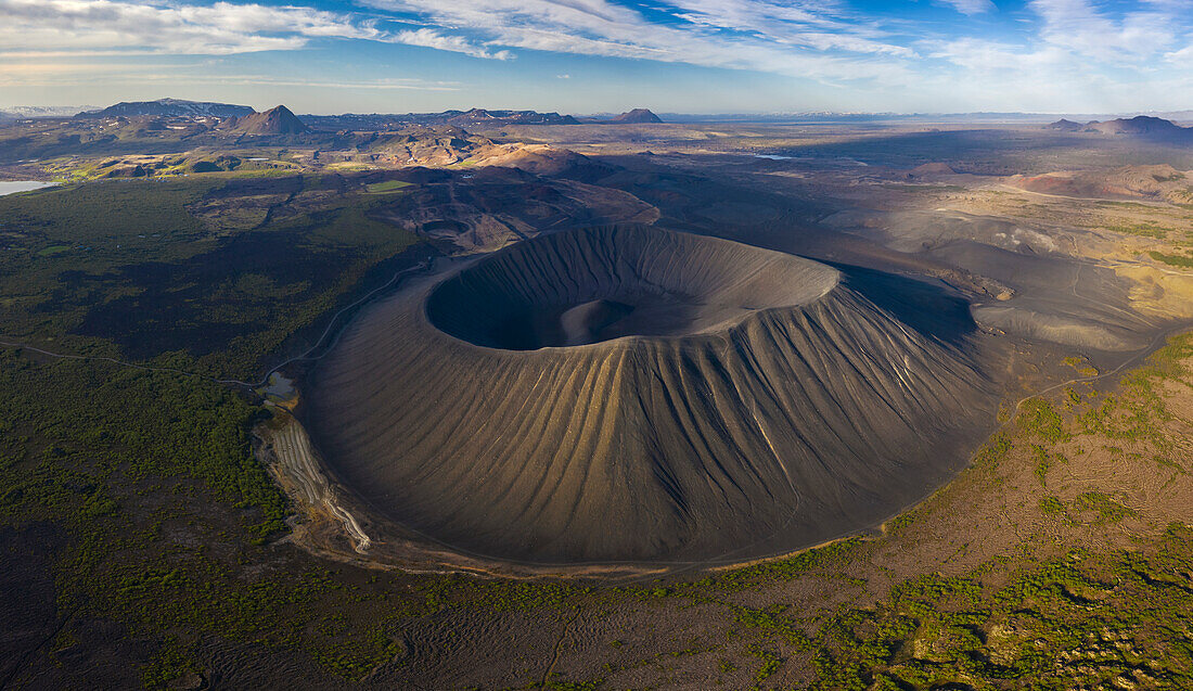 Aerial panoramic view of Hverfjall crater at sunset during summer, Reykjahlíð, Norðurland eystra, Iceland, Northern Europe